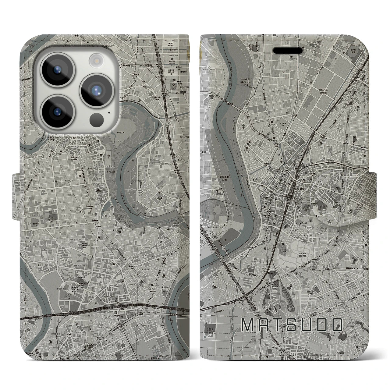 【松戸】地図柄iPhoneケース（手帳両面タイプ・モノトーン）iPhone 15 Pro 用