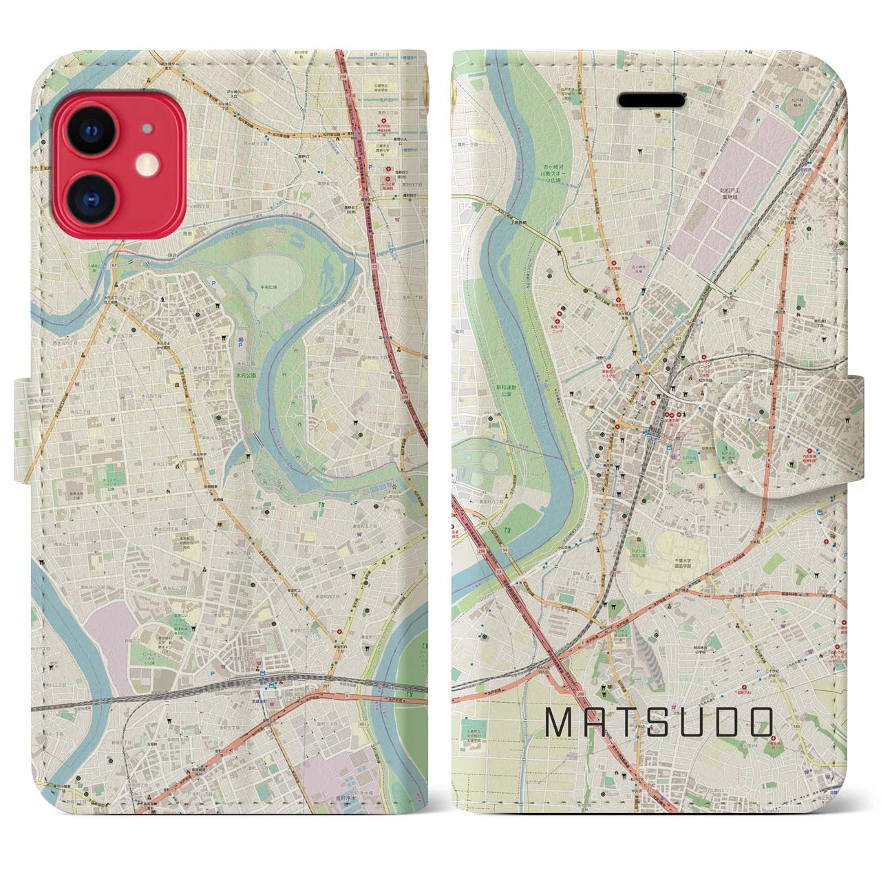 【松戸（千葉県）】地図柄iPhoneケース（手帳タイプ）ナチュラル・iPhone 11 用