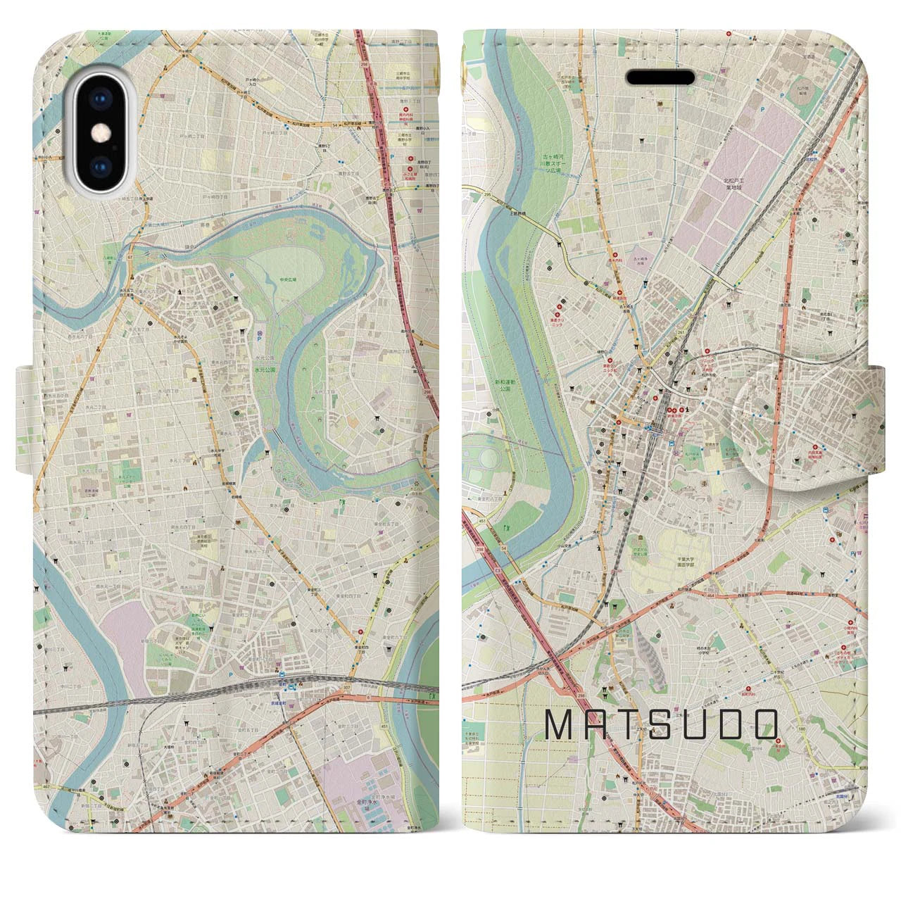 【松戸（千葉県）】地図柄iPhoneケース（手帳タイプ）ナチュラル・iPhone XS Max 用