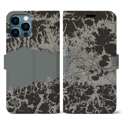 【松江（島根県）】地図柄iPhoneケース（手帳タイプ）モノトーン・iPhone 12 / 12 Pro 用