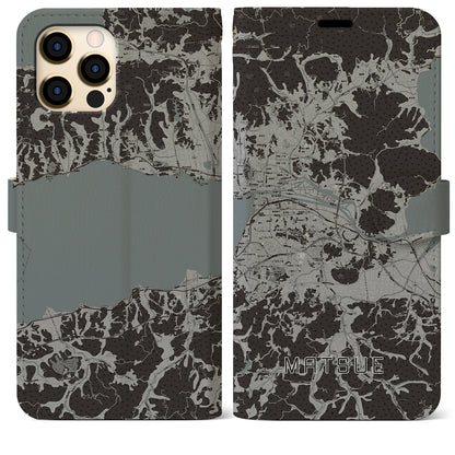 【松江（島根県）】地図柄iPhoneケース（手帳タイプ）モノトーン・iPhone 12 Pro Max 用