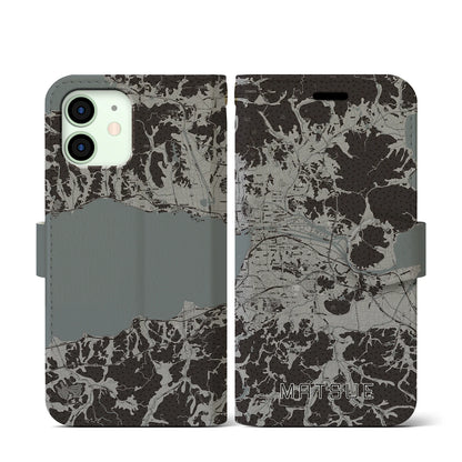 【松江（島根県）】地図柄iPhoneケース（手帳タイプ）モノトーン・iPhone 12 mini 用