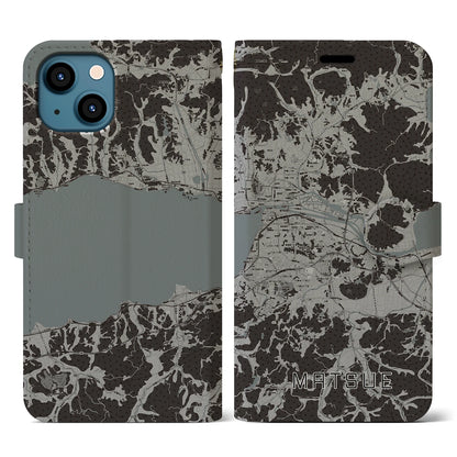 【松江（島根県）】地図柄iPhoneケース（手帳タイプ）モノトーン・iPhone 13 用