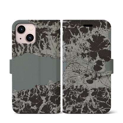 【松江（島根県）】地図柄iPhoneケース（手帳タイプ）モノトーン・iPhone 13 mini 用