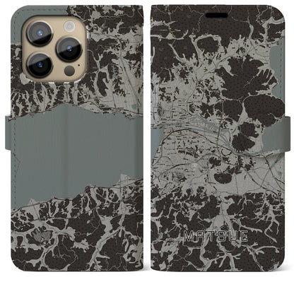 【松江（島根県）】地図柄iPhoneケース（手帳タイプ）モノトーン・iPhone 14 Pro Max 用