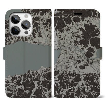 【松江（島根県）】地図柄iPhoneケース（手帳タイプ）モノトーン・iPhone 14 Pro 用