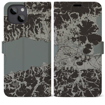 【松江（島根県）】地図柄iPhoneケース（手帳タイプ）モノトーン・iPhone 14 Plus 用