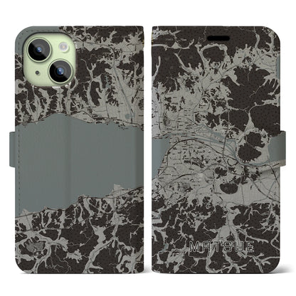 【松江（島根県）】地図柄iPhoneケース（手帳タイプ）モノトーン・iPhone 15 用