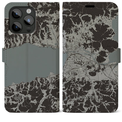 【松江（島根県）】地図柄iPhoneケース（手帳タイプ）モノトーン・iPhone 15 Pro Max 用