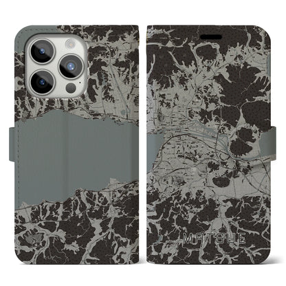 【松江（島根県）】地図柄iPhoneケース（手帳タイプ）モノトーン・iPhone 15 Pro 用