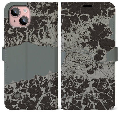 【松江（島根県）】地図柄iPhoneケース（手帳タイプ）モノトーン・iPhone 15 Plus 用