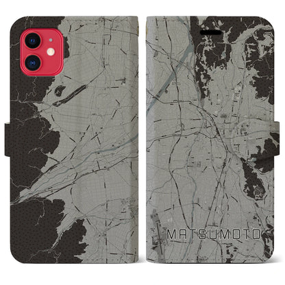 【松本（長野県）】地図柄iPhoneケース（手帳タイプ）モノトーン・iPhone 11 用