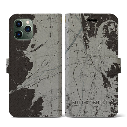 【松本（長野県）】地図柄iPhoneケース（手帳タイプ）モノトーン・iPhone 11 Pro 用