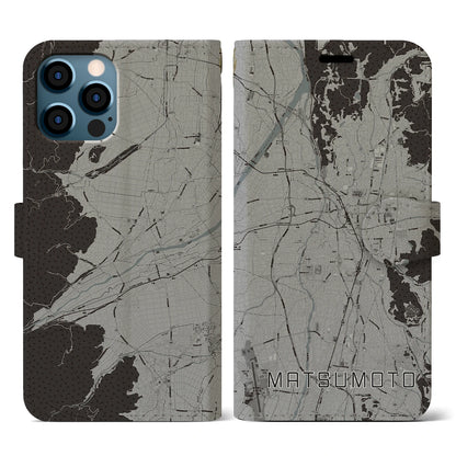 【松本（長野県）】地図柄iPhoneケース（手帳タイプ）モノトーン・iPhone 12 / 12 Pro 用