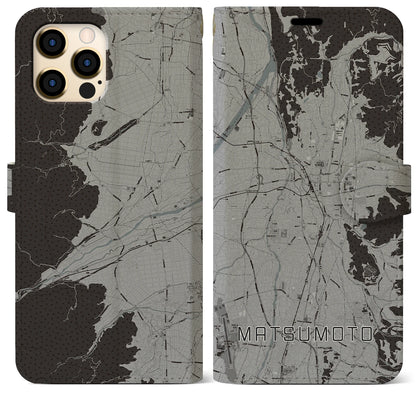 【松本（長野県）】地図柄iPhoneケース（手帳タイプ）モノトーン・iPhone 12 Pro Max 用
