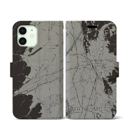 【松本（長野県）】地図柄iPhoneケース（手帳タイプ）モノトーン・iPhone 12 mini 用