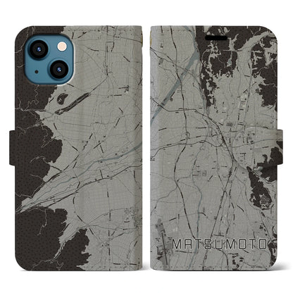 【松本（長野県）】地図柄iPhoneケース（手帳タイプ）モノトーン・iPhone 13 用