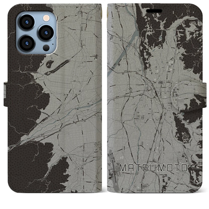 【松本（長野県）】地図柄iPhoneケース（手帳タイプ）モノトーン・iPhone 13 Pro Max 用