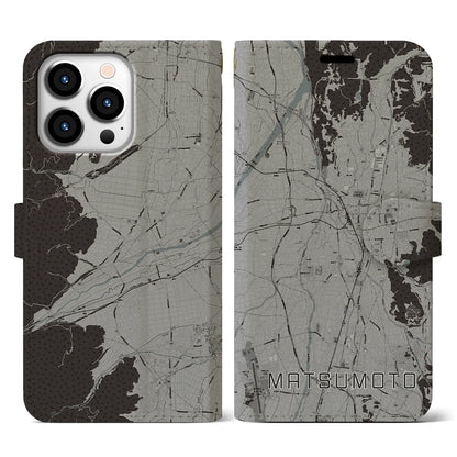 【松本（長野県）】地図柄iPhoneケース（手帳タイプ）モノトーン・iPhone 13 Pro 用