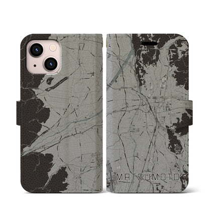 【松本（長野県）】地図柄iPhoneケース（手帳タイプ）モノトーン・iPhone 13 mini 用