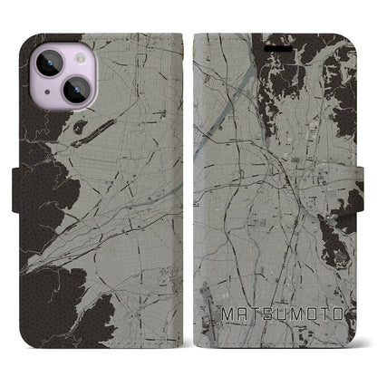 【松本（長野県）】地図柄iPhoneケース（手帳タイプ）モノトーン・iPhone 14 用