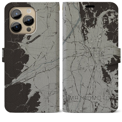 【松本（長野県）】地図柄iPhoneケース（手帳タイプ）モノトーン・iPhone 14 Pro Max 用