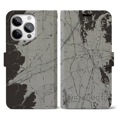 【松本（長野県）】地図柄iPhoneケース（手帳タイプ）モノトーン・iPhone 14 Pro 用