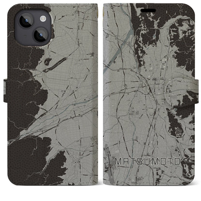 【松本（長野県）】地図柄iPhoneケース（手帳タイプ）モノトーン・iPhone 14 Plus 用