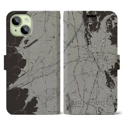 【松本（長野県）】地図柄iPhoneケース（手帳タイプ）モノトーン・iPhone 15 用