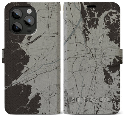 【松本（長野県）】地図柄iPhoneケース（手帳タイプ）モノトーン・iPhone 15 Pro Max 用