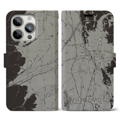 【松本（長野県）】地図柄iPhoneケース（手帳タイプ）モノトーン・iPhone 15 Pro 用