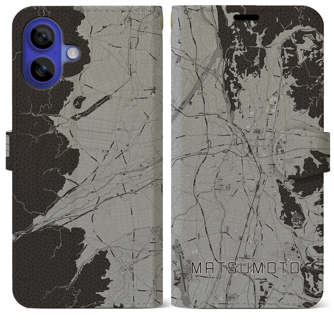 【松本(長野県)】地図柄iPhoneケース(手帳タイプ)モノトーン・iPhone 16 Pro Max 用