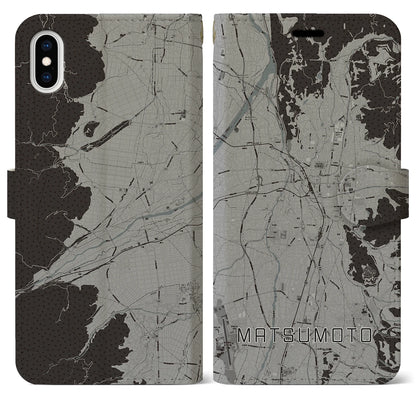 【松本（長野県）】地図柄iPhoneケース（手帳タイプ）モノトーン・iPhone XS Max 用