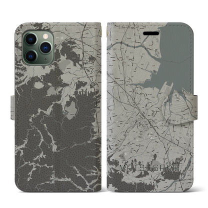 【松阪（三重県）】地図柄iPhoneケース（手帳タイプ）モノトーン・iPhone 11 Pro 用