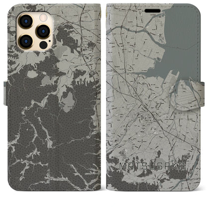 【松阪（三重県）】地図柄iPhoneケース（手帳タイプ）モノトーン・iPhone 12 Pro Max 用