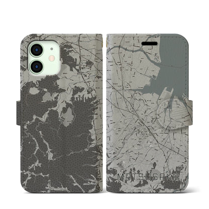 【松阪（三重県）】地図柄iPhoneケース（手帳タイプ）モノトーン・iPhone 12 mini 用