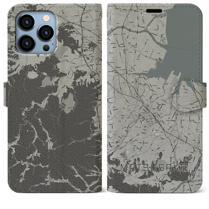 【松阪（三重県）】地図柄iPhoneケース（手帳タイプ）モノトーン・iPhone 13 Pro Max 用