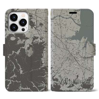 【松阪（三重県）】地図柄iPhoneケース（手帳タイプ）モノトーン・iPhone 13 Pro 用