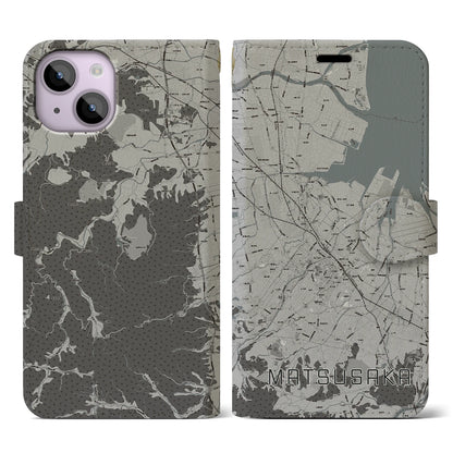 【松阪（三重県）】地図柄iPhoneケース（手帳タイプ）モノトーン・iPhone 14 用