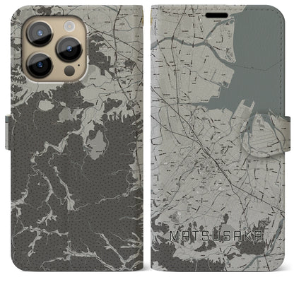 【松阪（三重県）】地図柄iPhoneケース（手帳タイプ）モノトーン・iPhone 14 Pro Max 用