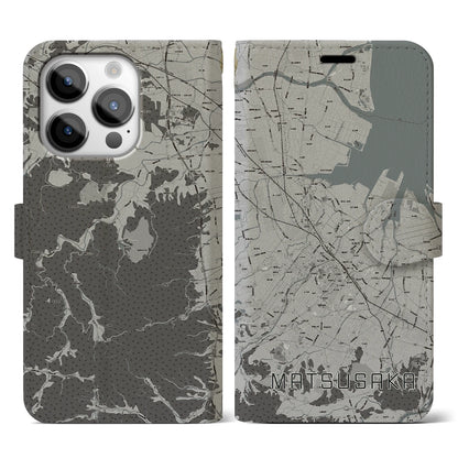 【松阪（三重県）】地図柄iPhoneケース（手帳タイプ）モノトーン・iPhone 14 Pro 用