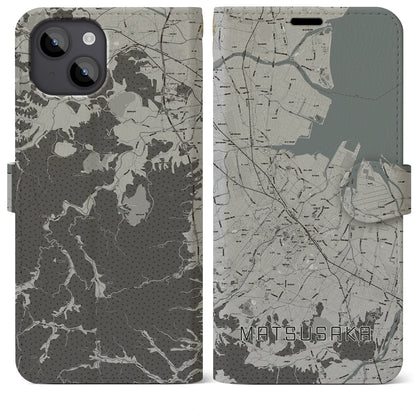 【松阪（三重県）】地図柄iPhoneケース（手帳タイプ）モノトーン・iPhone 14 Plus 用