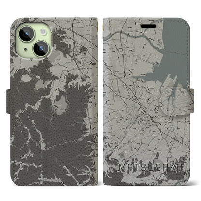 【松阪（三重県）】地図柄iPhoneケース（手帳タイプ）モノトーン・iPhone 15 用