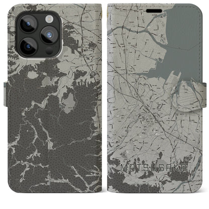 【松阪（三重県）】地図柄iPhoneケース（手帳タイプ）モノトーン・iPhone 15 Pro Max 用