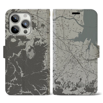 【松阪（三重県）】地図柄iPhoneケース（手帳タイプ）モノトーン・iPhone 15 Pro 用