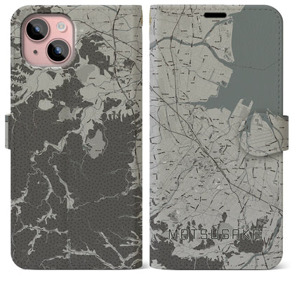 【松阪（三重県）】地図柄iPhoneケース（手帳タイプ）モノトーン・iPhone 15 Plus 用