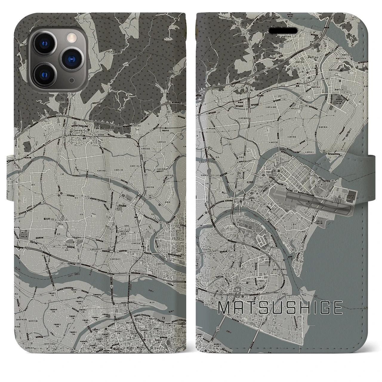 【松茂】地図柄iPhoneケース（手帳両面タイプ・モノトーン）iPhone 11 Pro Max 用
