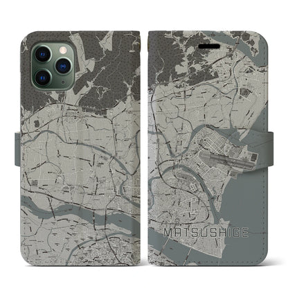 【松茂（徳島県）】地図柄iPhoneケース（手帳タイプ）モノトーン・iPhone 11 Pro 用