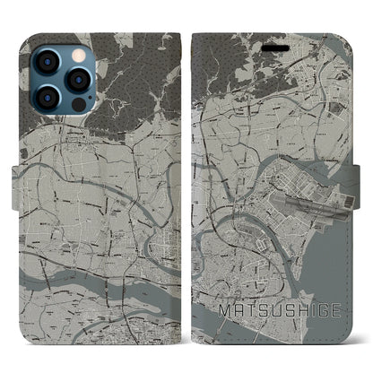 【松茂（徳島県）】地図柄iPhoneケース（手帳タイプ）モノトーン・iPhone 12 / 12 Pro 用