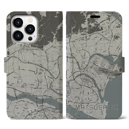 【松茂（徳島県）】地図柄iPhoneケース（手帳タイプ）モノトーン・iPhone 13 Pro 用